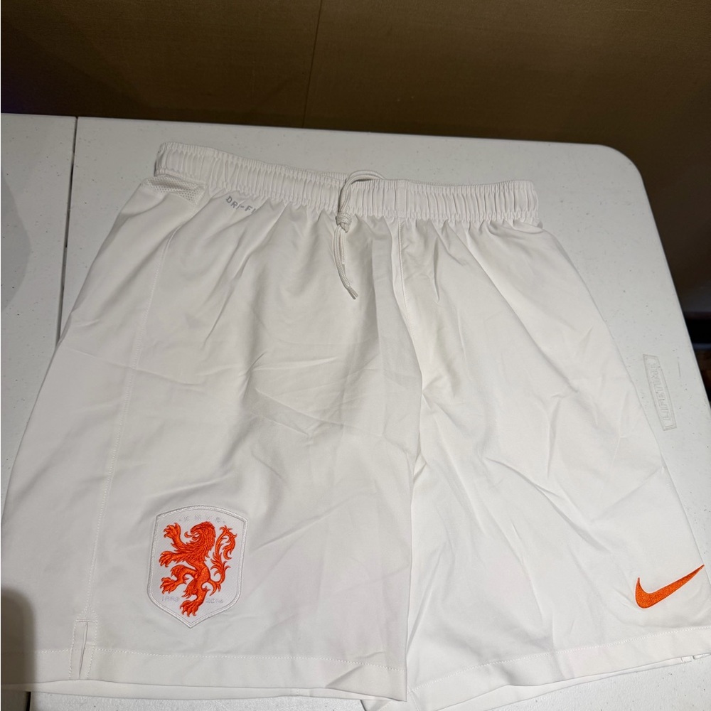 Nike Men's White Shorts with Orange Accents - Netherlands Team Soccer Shorts